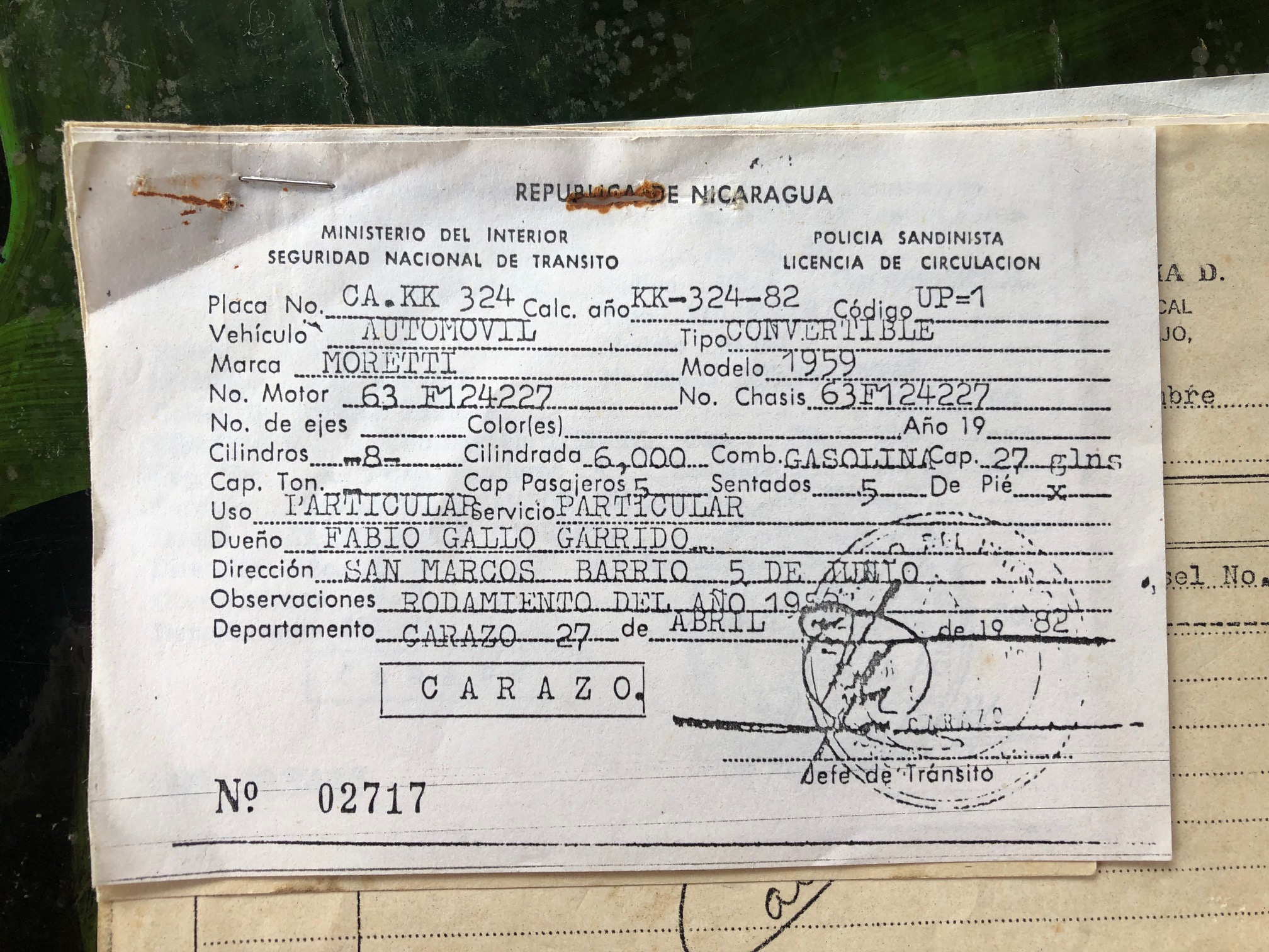 Nicaraguan registration — Marca: Moretti